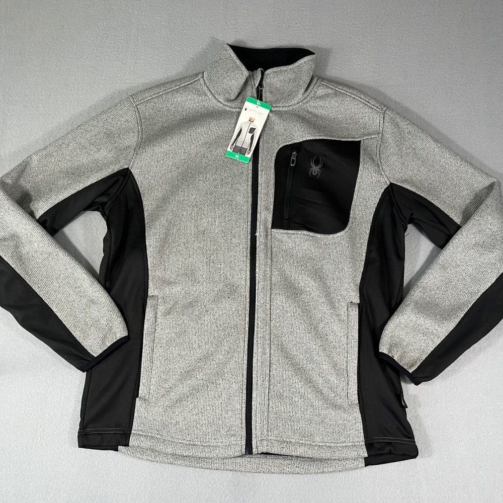 NWT Spyder Men's Gray Black Fleece Full Zip Jacket‎ XL TG Outdoor Activewear